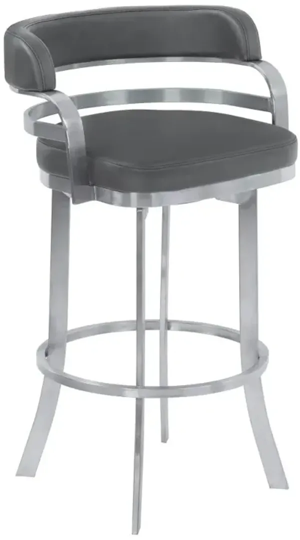 Hivvago 30 Inch Gray And Silver Faux Leather And Iron Swivel Low Back Bar Height Bar Chair