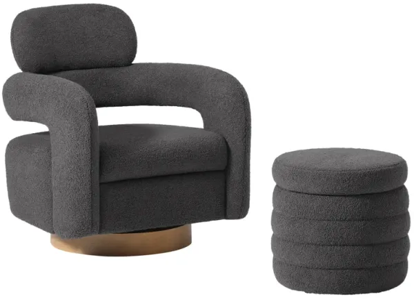 WestinTrends Mid-Century Modern Sherpa Swivel Barrel Accent Chair With Storage Ottoman