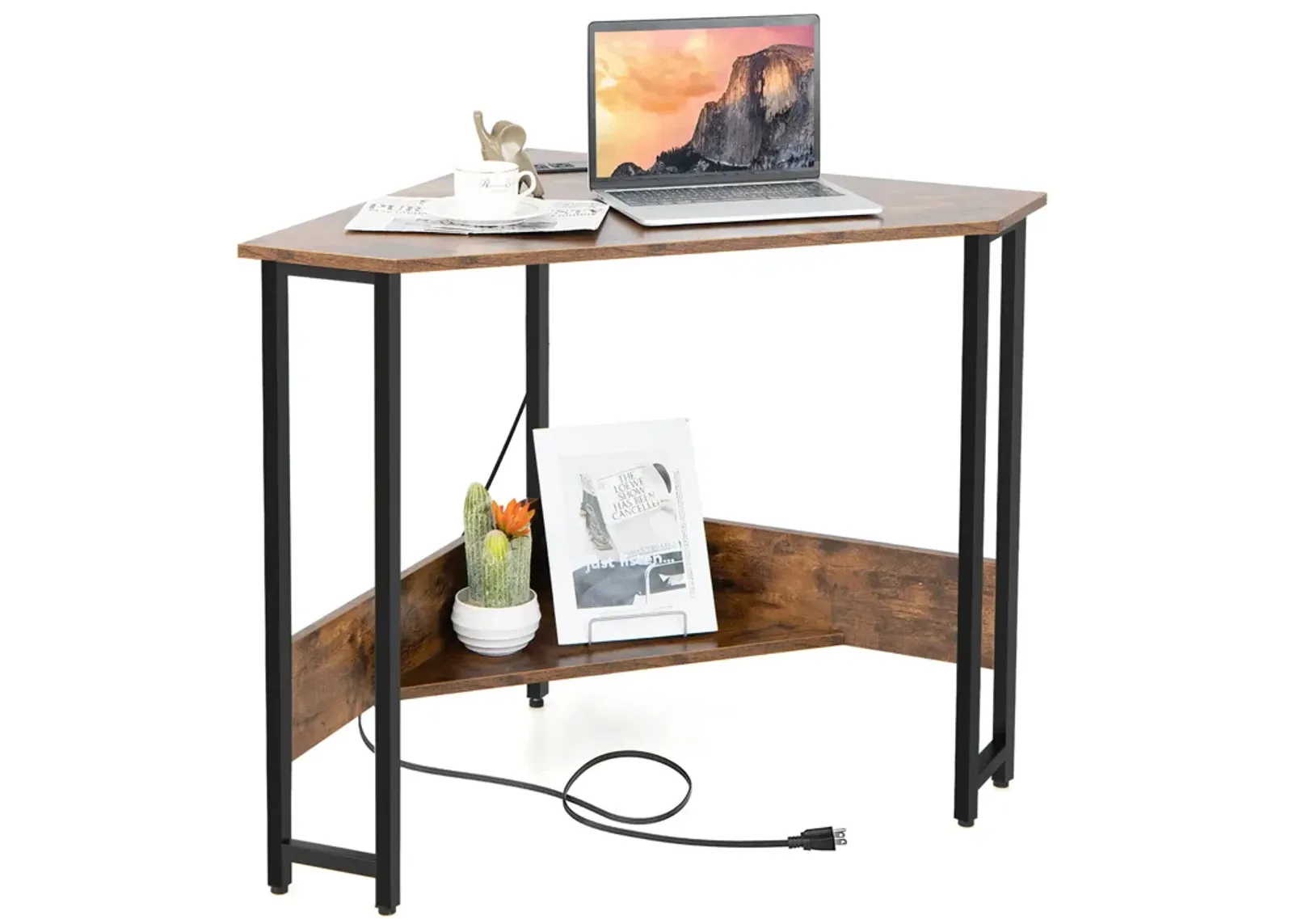 Costway Triangle Computer Desk Corner Desk Home Office w/Power Outlets USB Ports Black