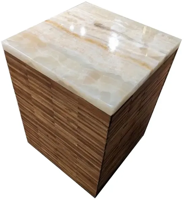 Benjara Rux 24 Inch Side End Table, Square Stone Top, Wood Grain Details, Brown