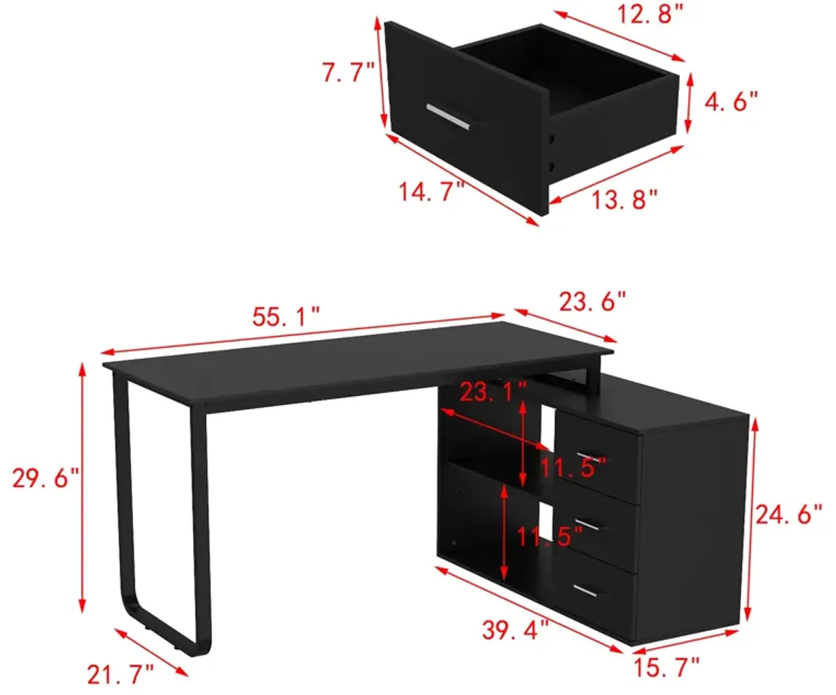 55.1” L-Shaped Desk with Drawers and Shelves, Office Desk Corner Desk with Storage, Computer Desk Craft Desk for Home Office Bedroom