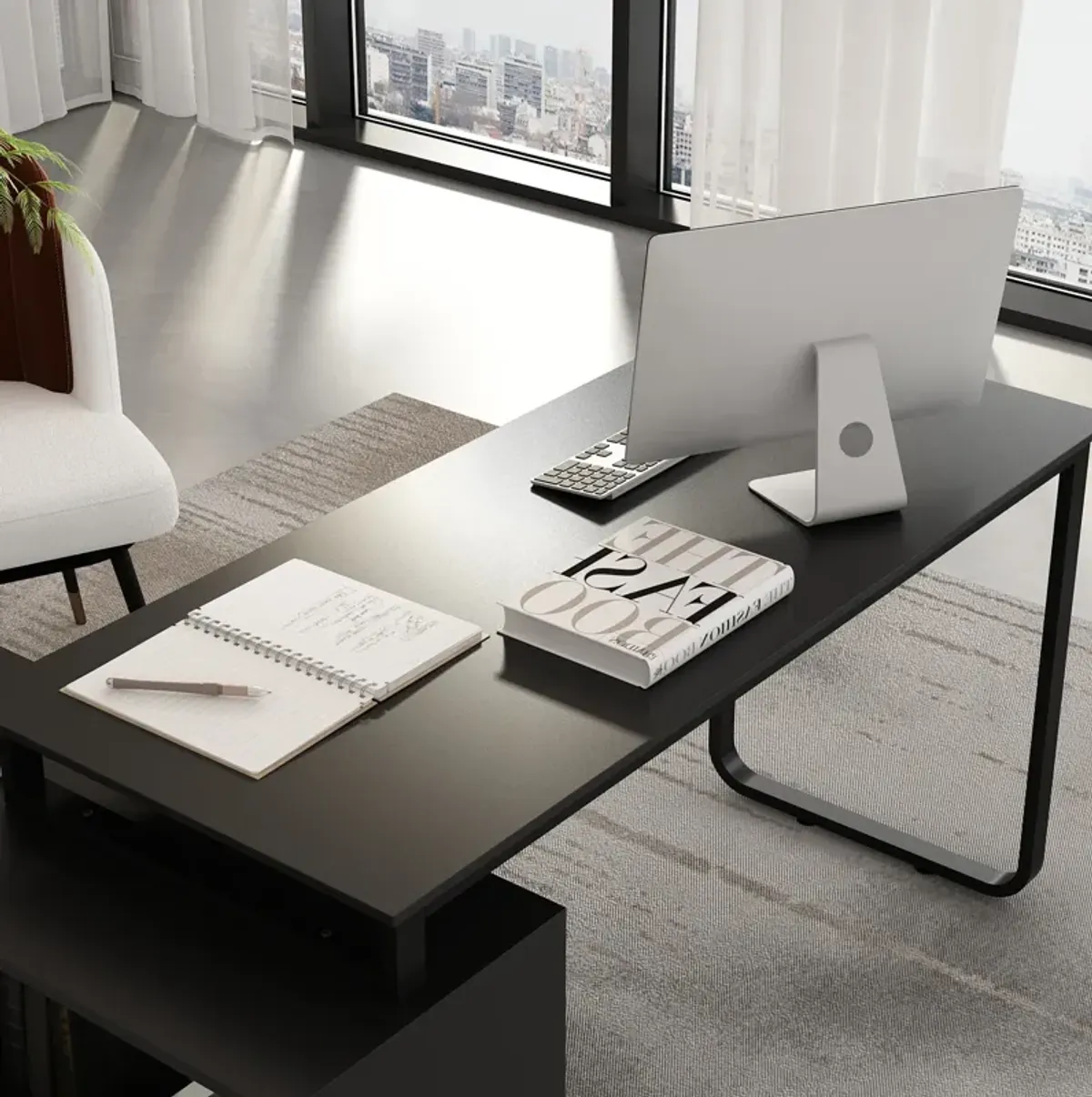 55.1” L-Shaped Desk with Drawers and Shelves, Office Desk Corner Desk with Storage, Computer Desk Craft Desk for Home Office Bedroom