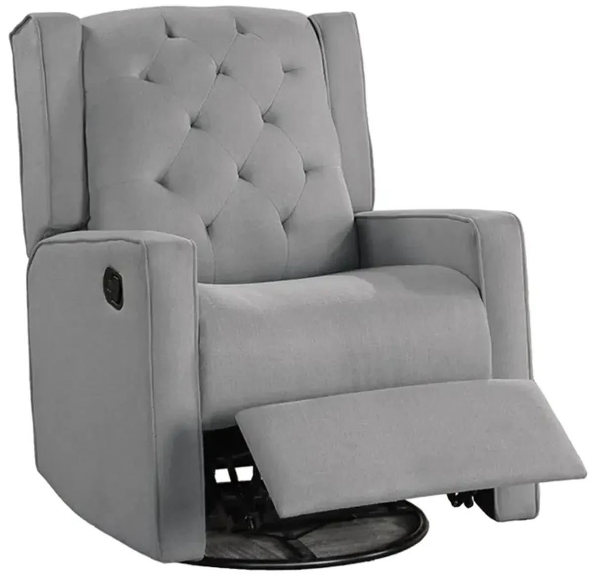 Manie Swivel Glider Manual Recliner, Solid Wood, Classic Gray Burlap - Benzara