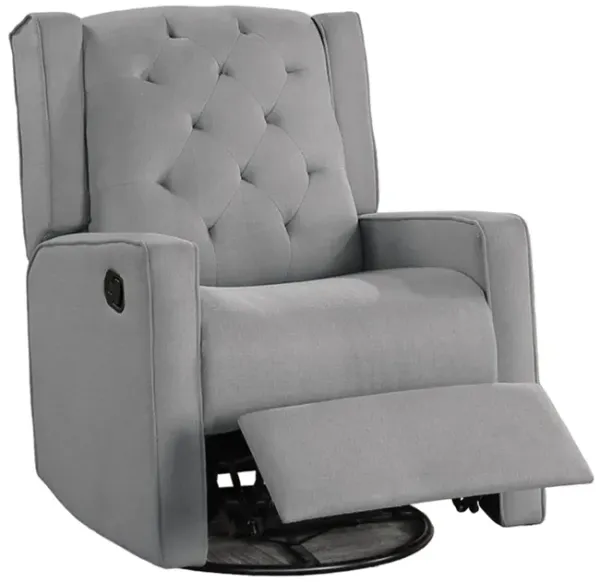 Manie Swivel Glider Manual Recliner, Solid Wood, Classic Gray Burlap - Benzara
