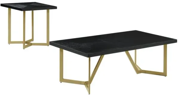 2pc Black wood top coffee set w/gold color iron base (coffee+end table)