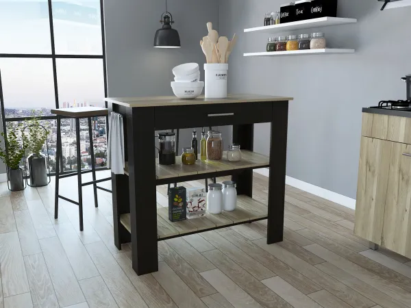 Streamdale Rockaway 1-Drawer 2-Shelf Kitchen Island Black Wengue And Light Oak