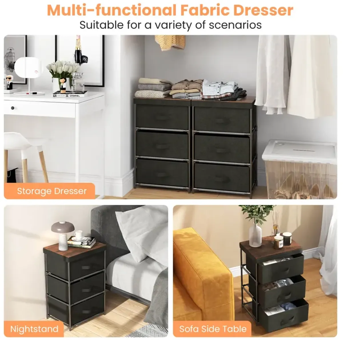 3-Tier Fabric Nightstand with Sturdy Metal Frame