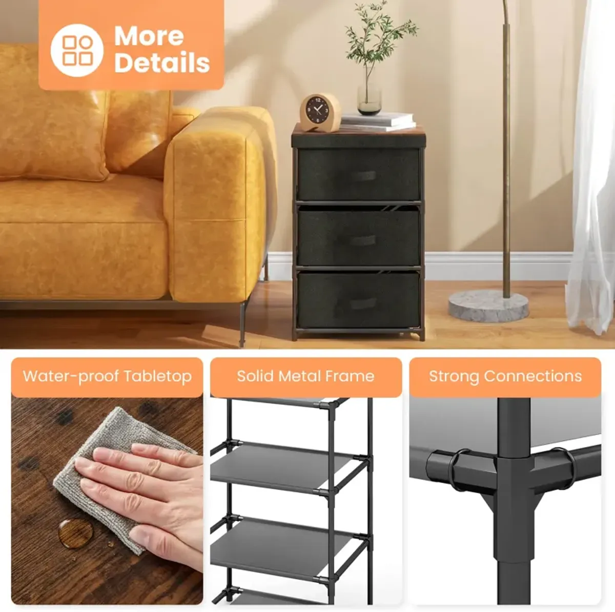 3-Tier Fabric Nightstand with Sturdy Metal Frame