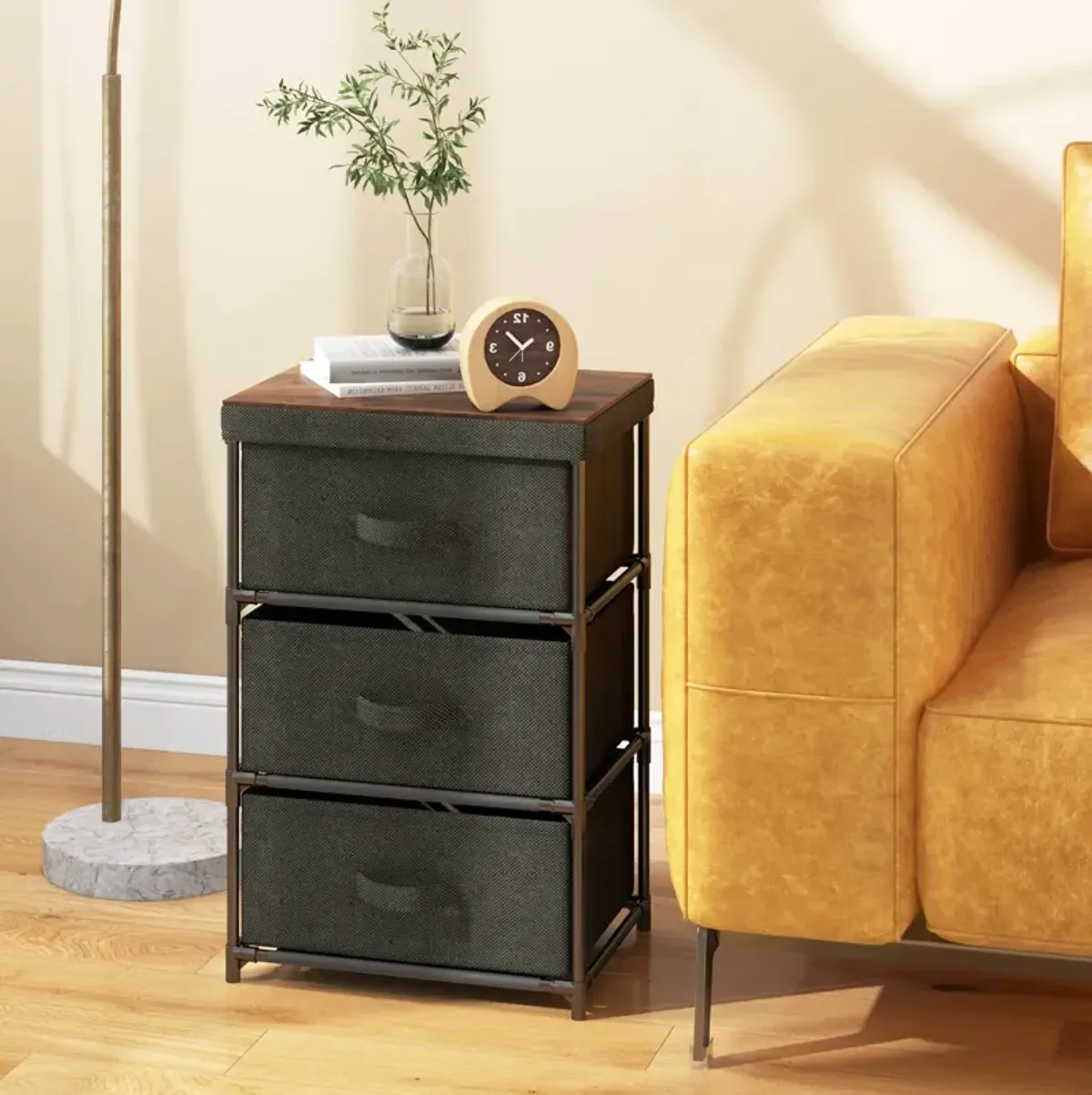 3-Tier Fabric Nightstand with Sturdy Metal Frame