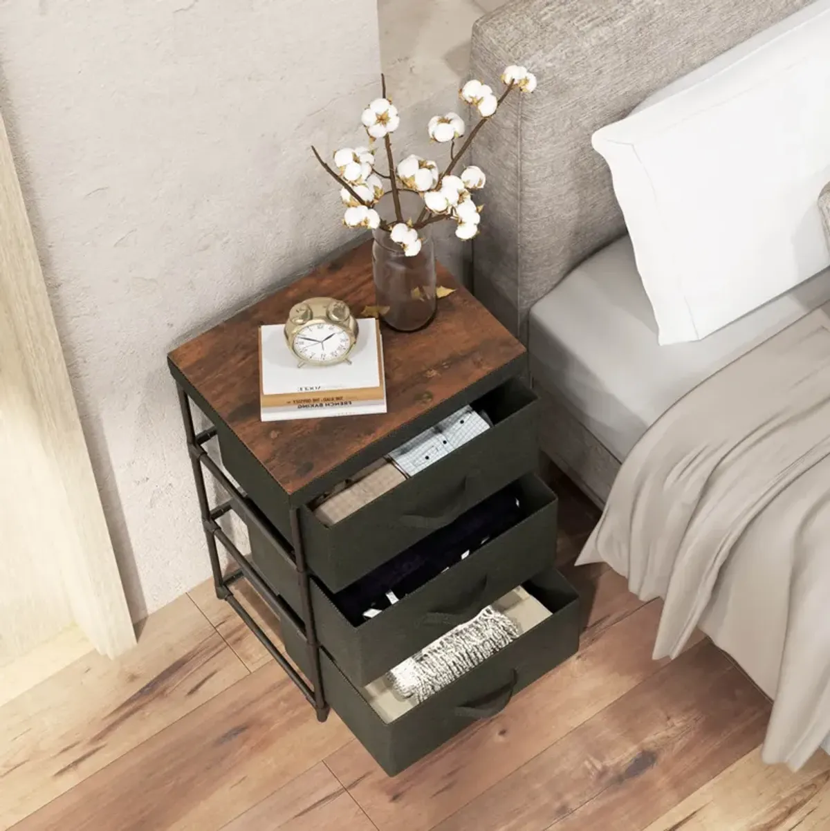 3-Tier Fabric Nightstand with Sturdy Metal Frame