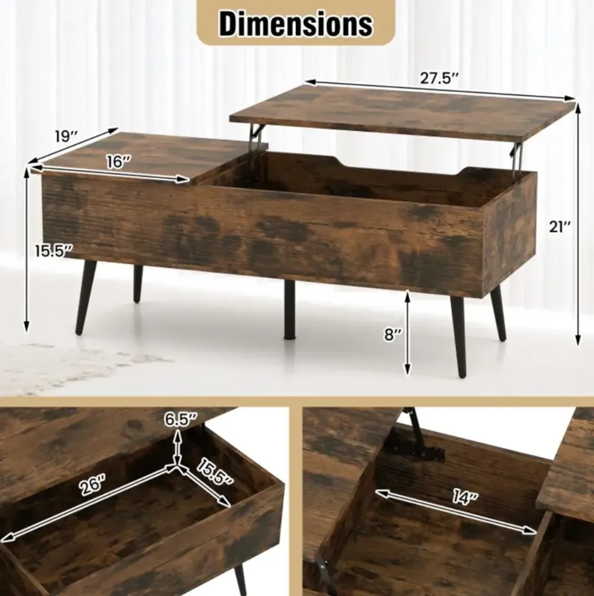 Hivvago 47 Inch Lift Top Coffee Table with 2 Hidden Compartments