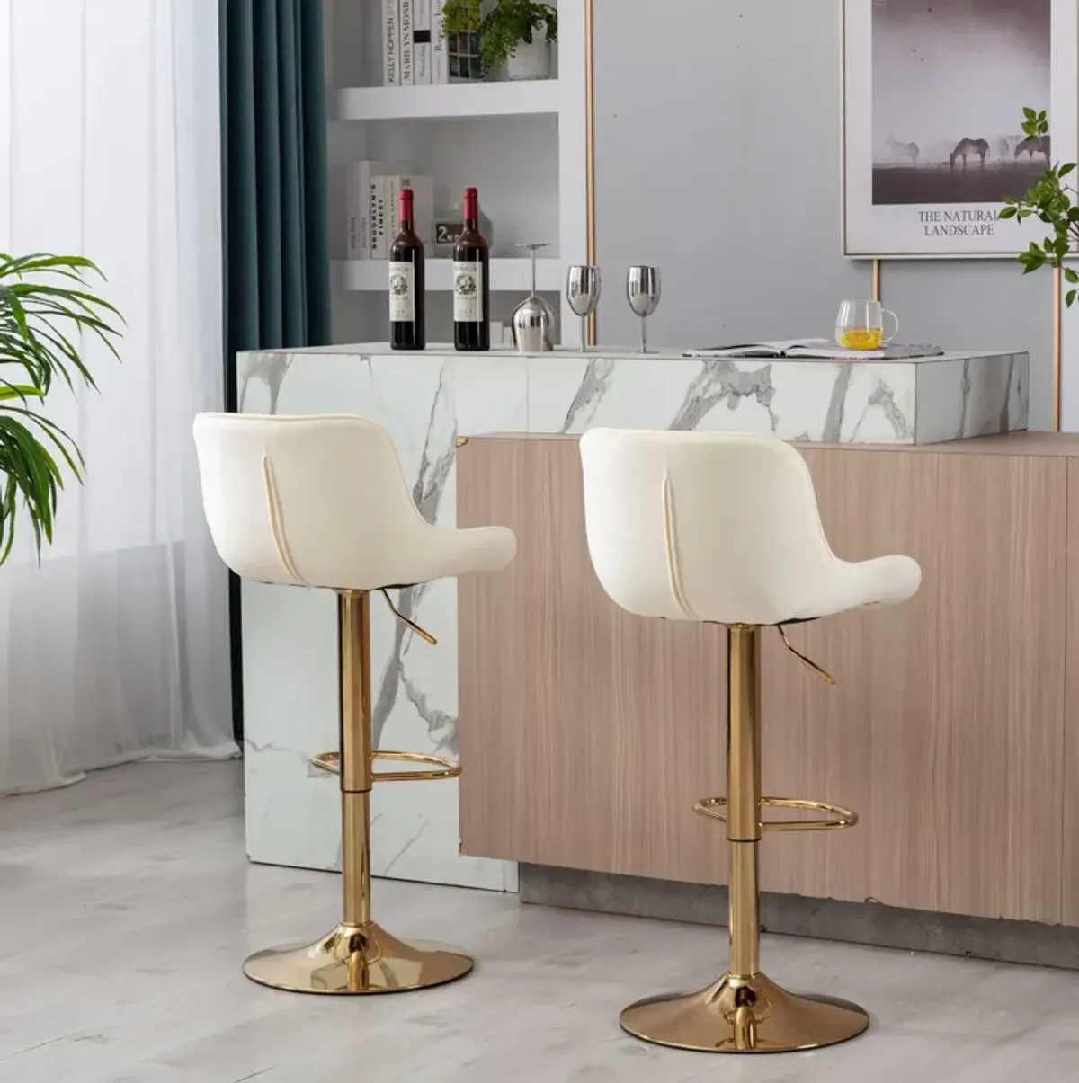 Chrome Footrest and Base Swivel Height Adjustable Mechanical Lifting Velvet + Golden Leg Simple Bar Stool, Set of 2, Ivory