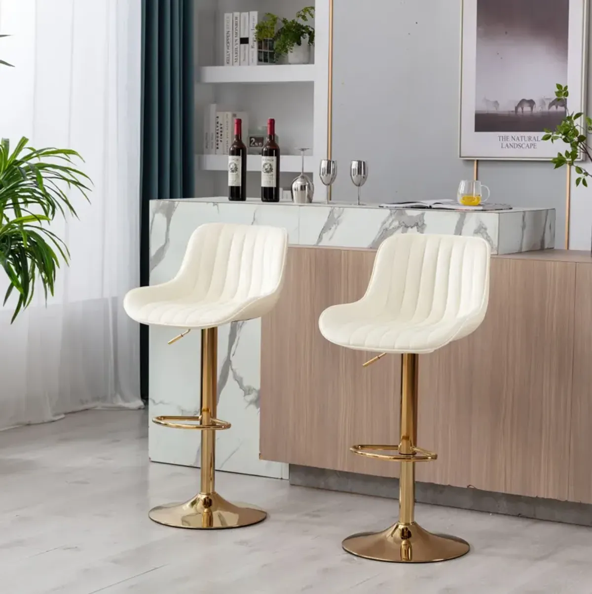 Chrome Footrest and Base Swivel Height Adjustable Mechanical Lifting Velvet + Golden Leg Simple Bar Stool, Set of 2, Ivory