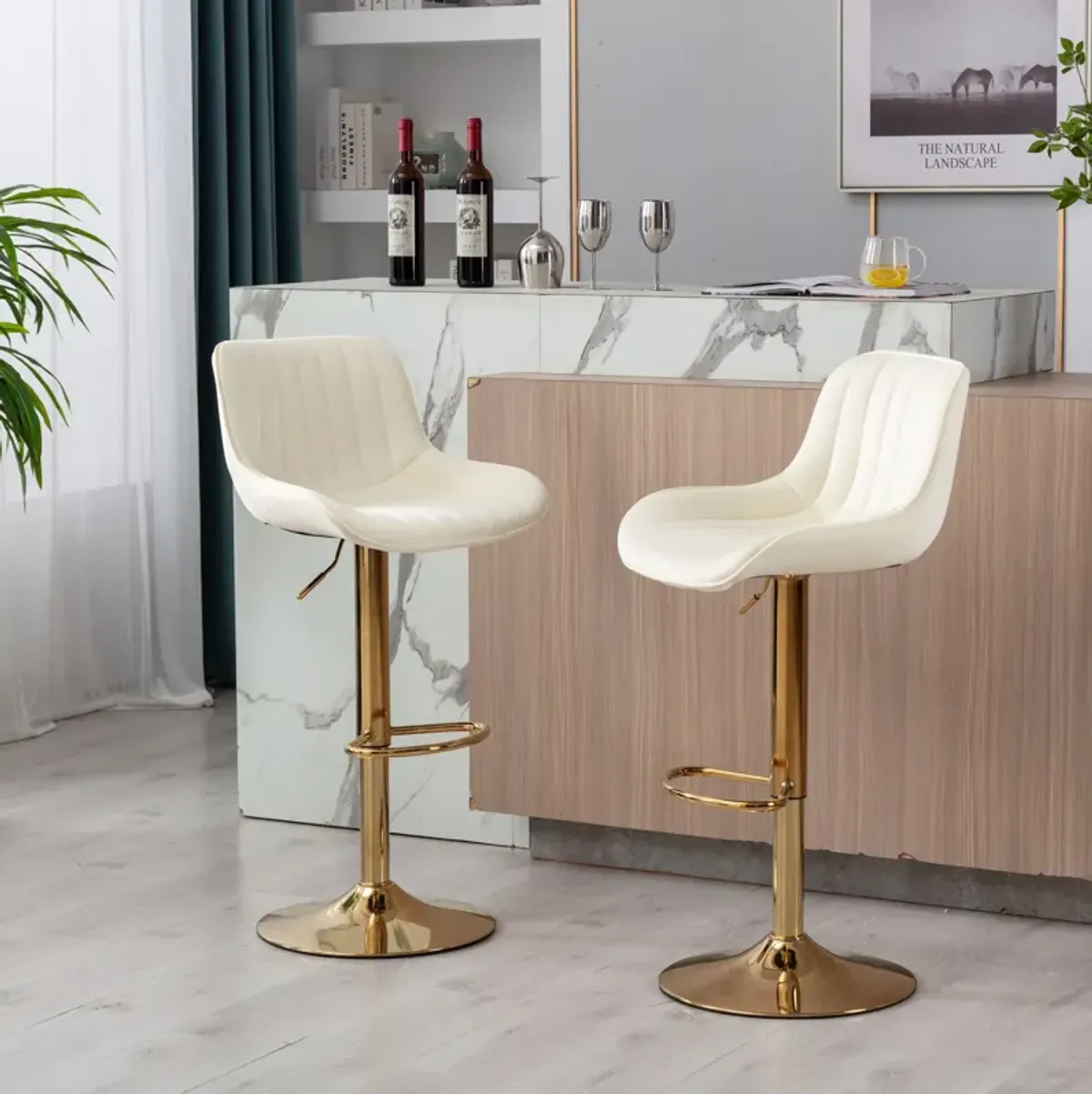 Chrome Footrest and Base Swivel Height Adjustable Mechanical Lifting Velvet + Golden Leg Simple Bar Stool, Set of 2, Ivory