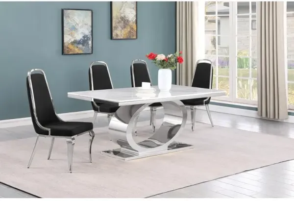 5pc Small(68") marble top dining set with silver base and 4 Black side chairs