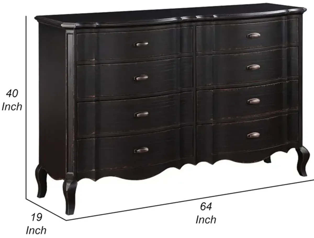 Benjara Ola 64 Inch Wide Dresser, 6 Drawers, Cabriole Legs, French Style, Black and Chrome