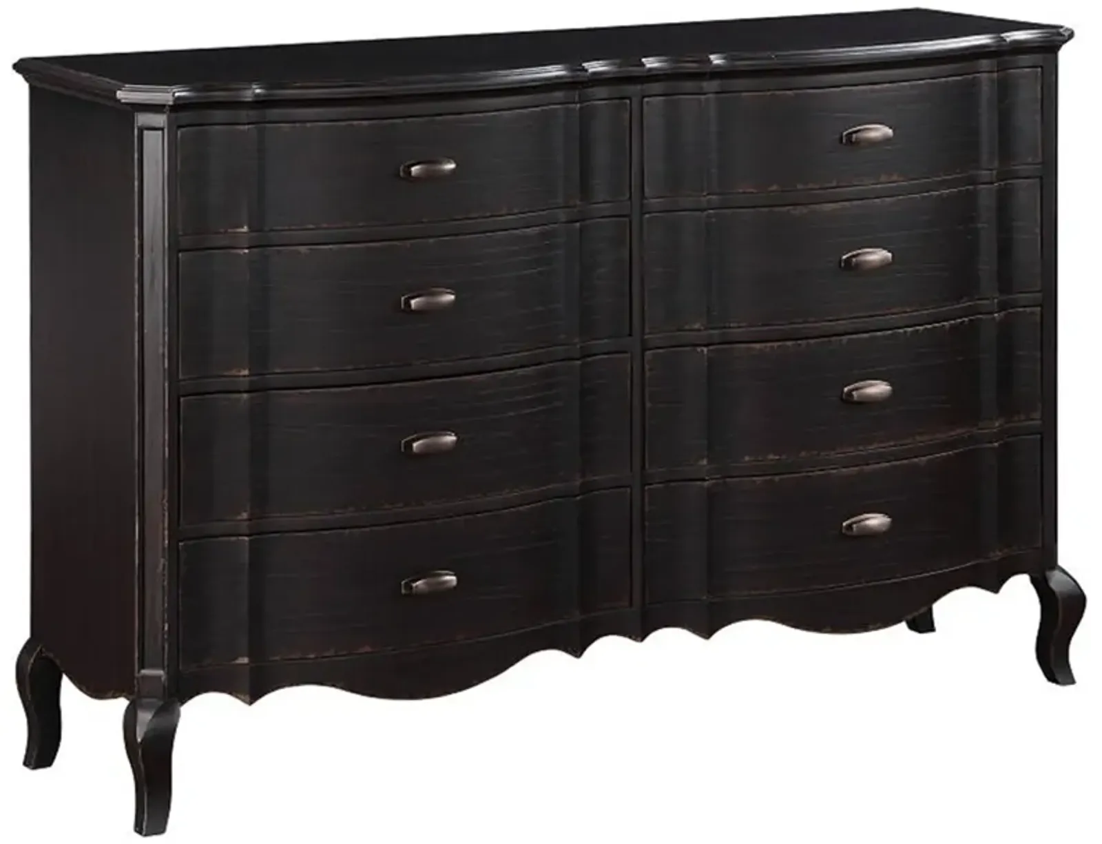 Benjara Ola 64 Inch Wide Dresser, 6 Drawers, Cabriole Legs, French Style, Black and Chrome