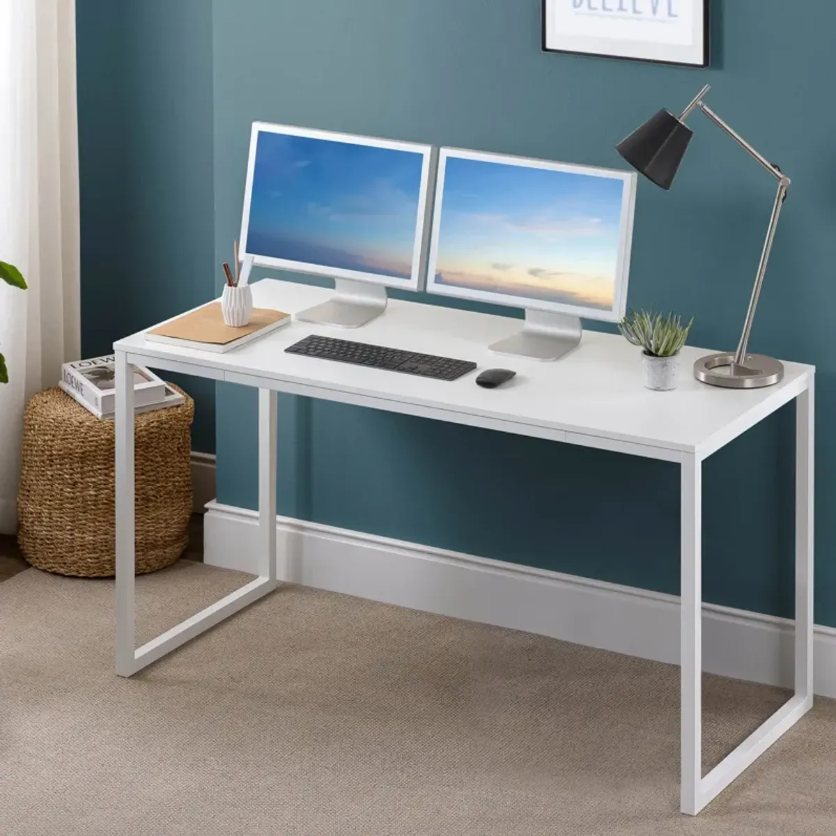 ZINUS Jennifer 55 Inch White Frame Desk / Computer Workstation / Office Desk / Easy Assembly, White