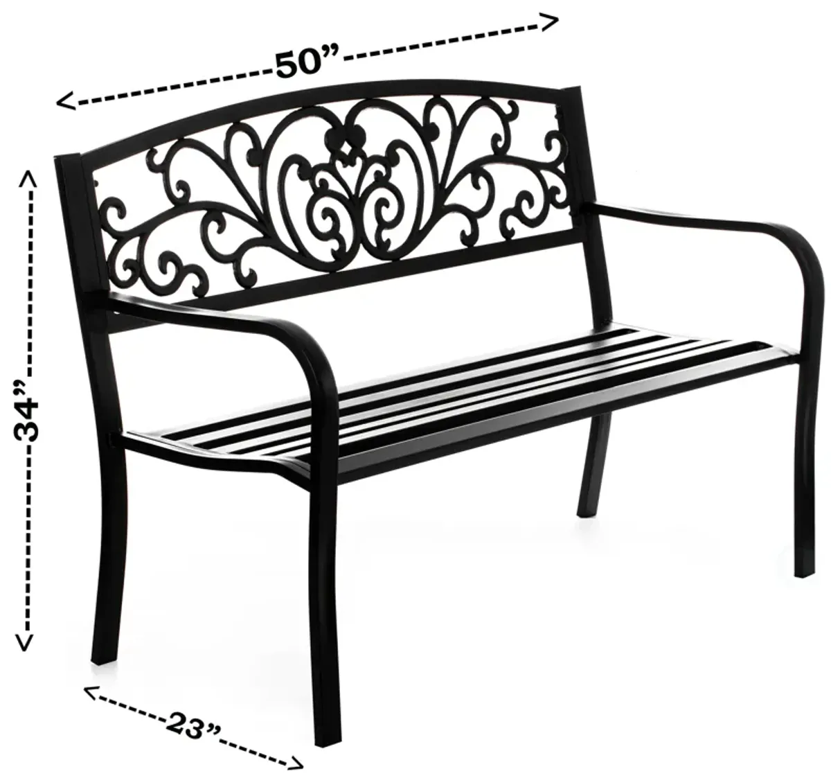 Steel Outdoor Powder Coated Garden Park Seating Bench with Cast Iron Backrest, Lawn Decor Seating Bench for Yard, Patio, Garden, Balcony, and Deck