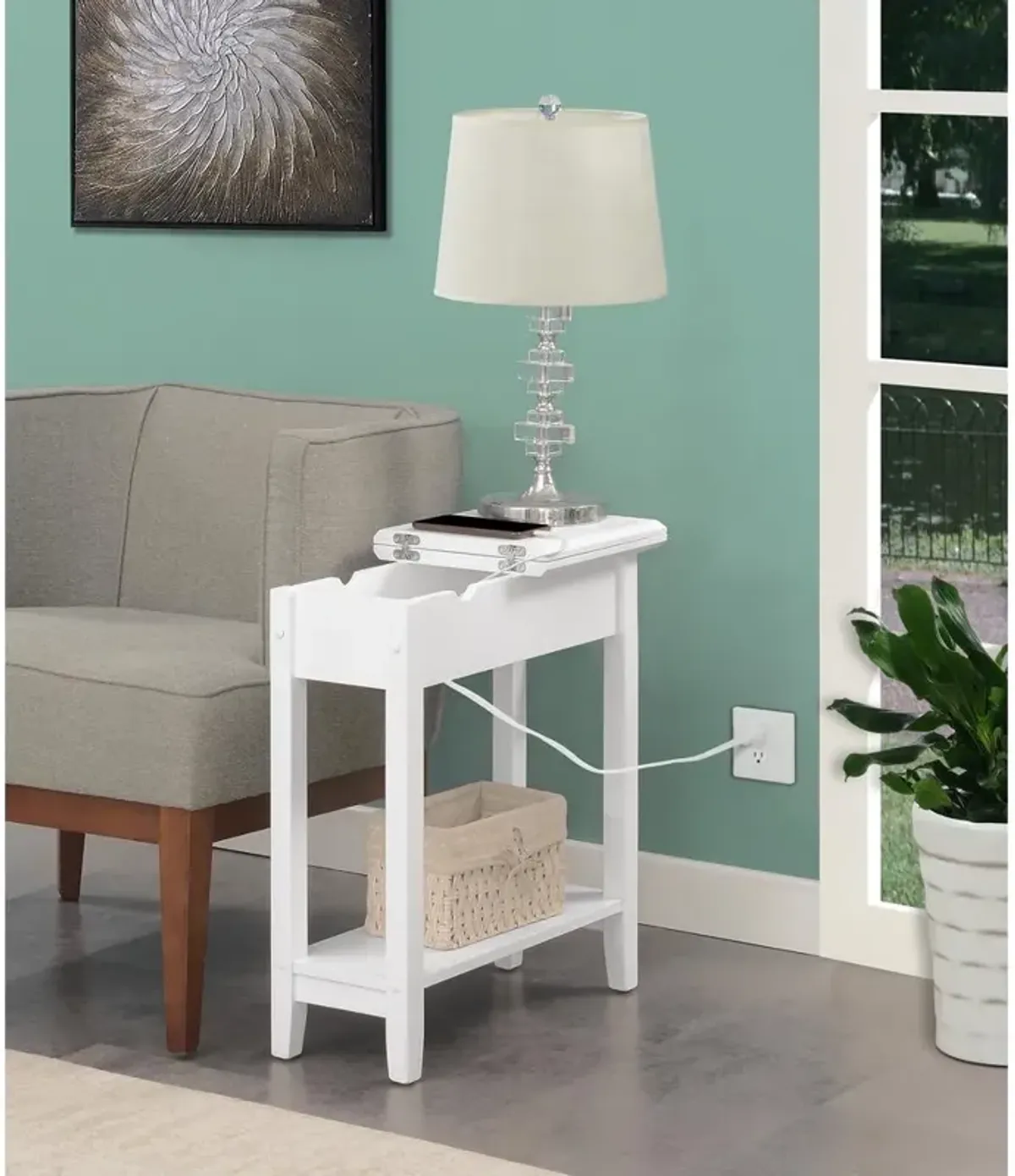 Convenience Concepts American Heritage Flip Top End Table With Charging Station, White