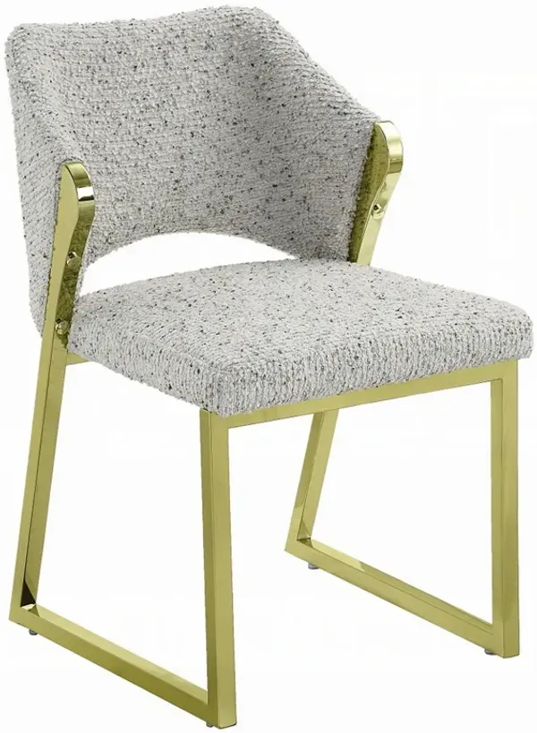 Side Dining Chair, Gold Stainless Steel, Gray Soft Teddy Sherpa - Benzara