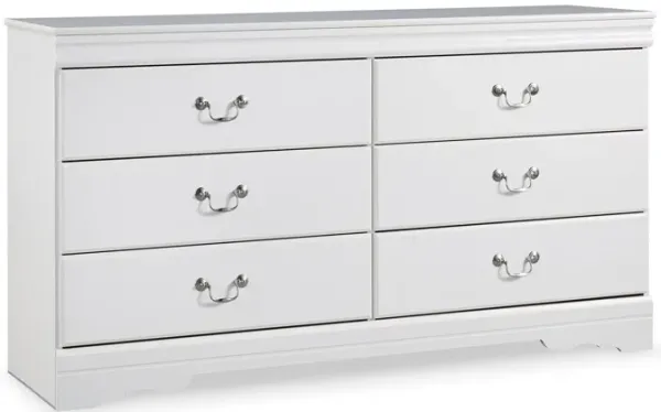 Roso Wide Dresser, Classic White, 6 Drawers w Pewter Metal Handles - Benzara