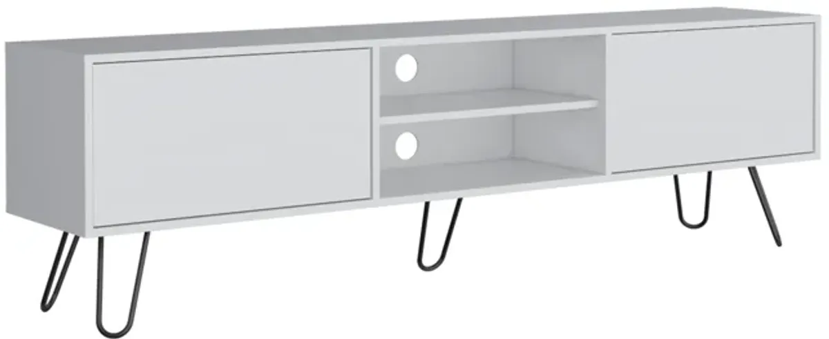 Vassel TV Rack, Entertainment Unit with Hinged Drawers and Hairpin Legs- White