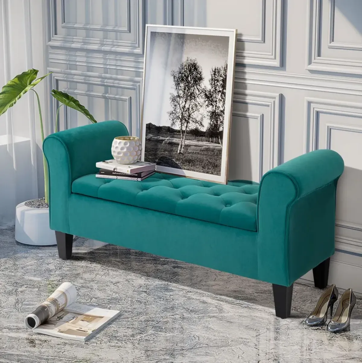 Green Elegant Storage: Tufted Ottoman Bench with Folding Design