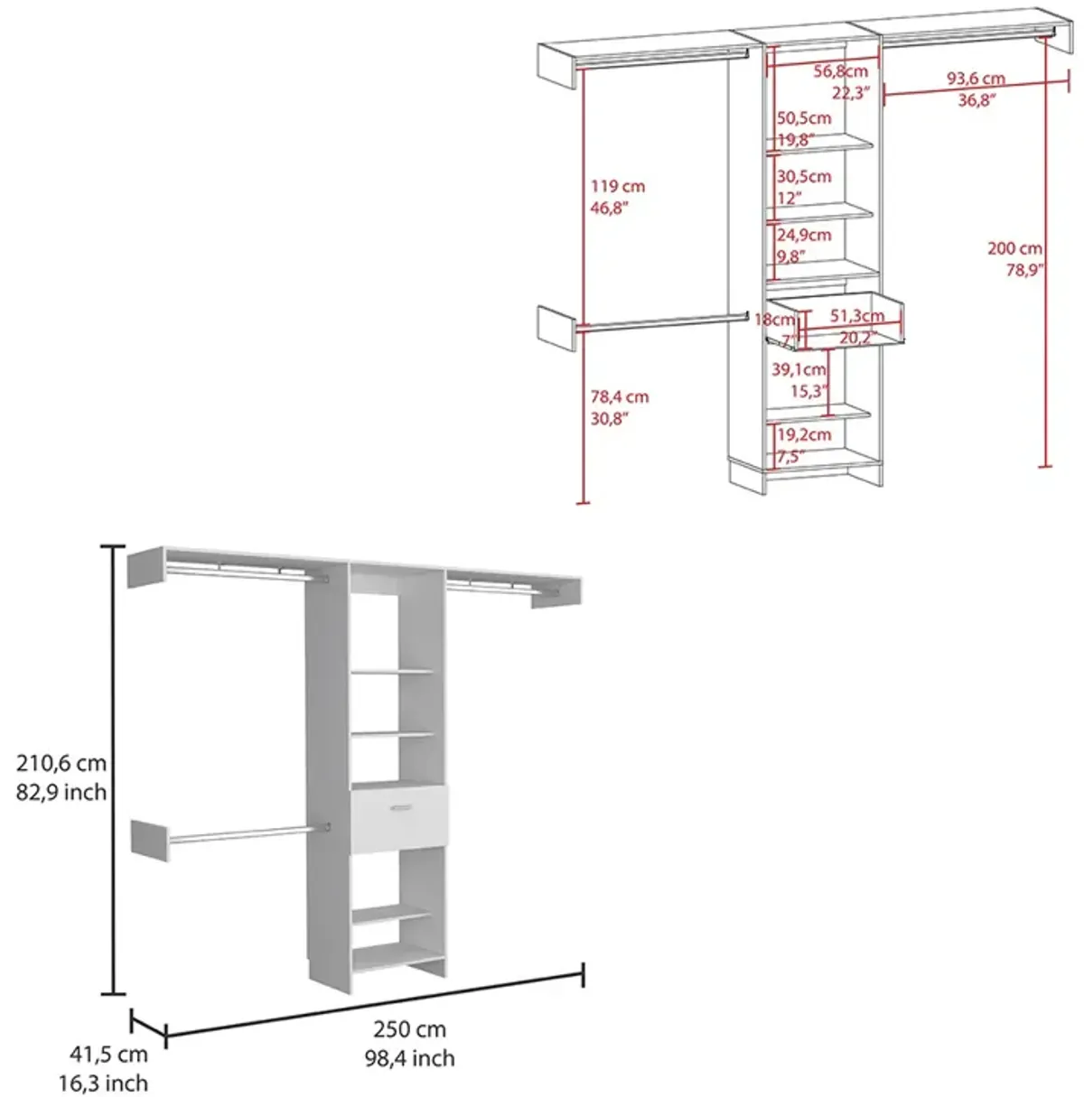 250 Closet System British, Bedroom, White