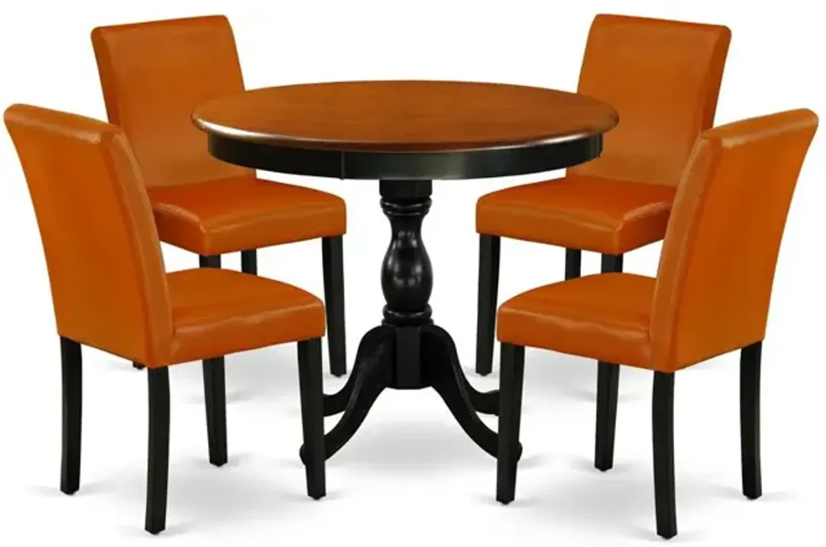 East West Furniture 5-Pc Dining Room Set Includes a Round Dinning Table and 4 Baked Bean PU Leather Dinner Chairs with High Back - Black Finish
