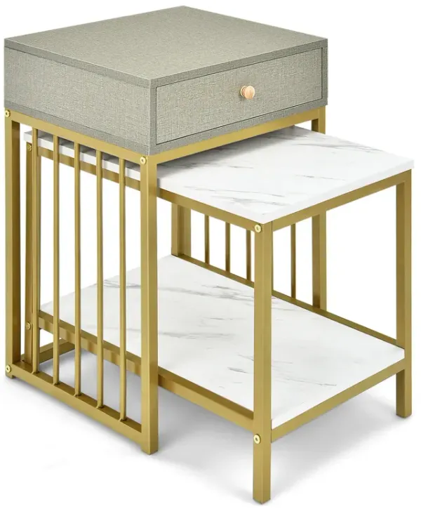 2 Pieces Modern Nesting Coffee Table Set with Drawer and Shelf-White