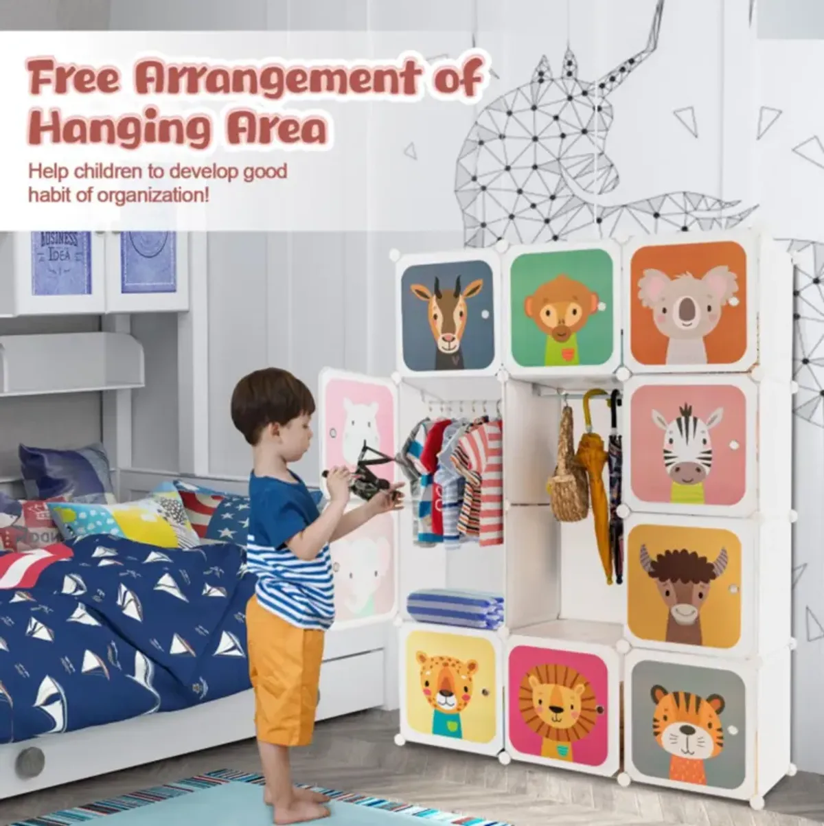 Hivvago 12 Cube Kids Wardrobe Closet with Hanging Section and Doors