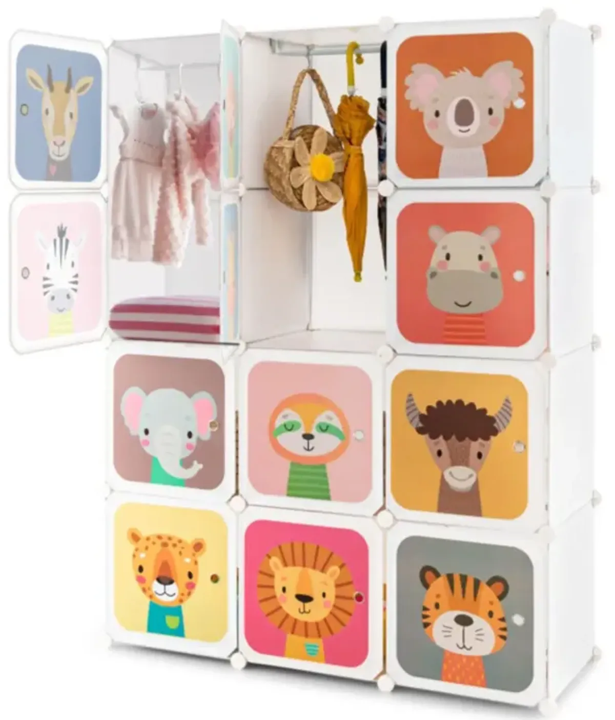 Hivvago 12 Cube Kids Wardrobe Closet with Hanging Section and Doors