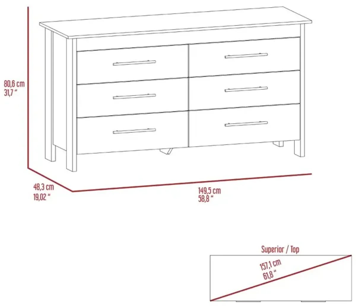 Hms 6 Drawer Double Dresser, Four Legs, Superior Top -White