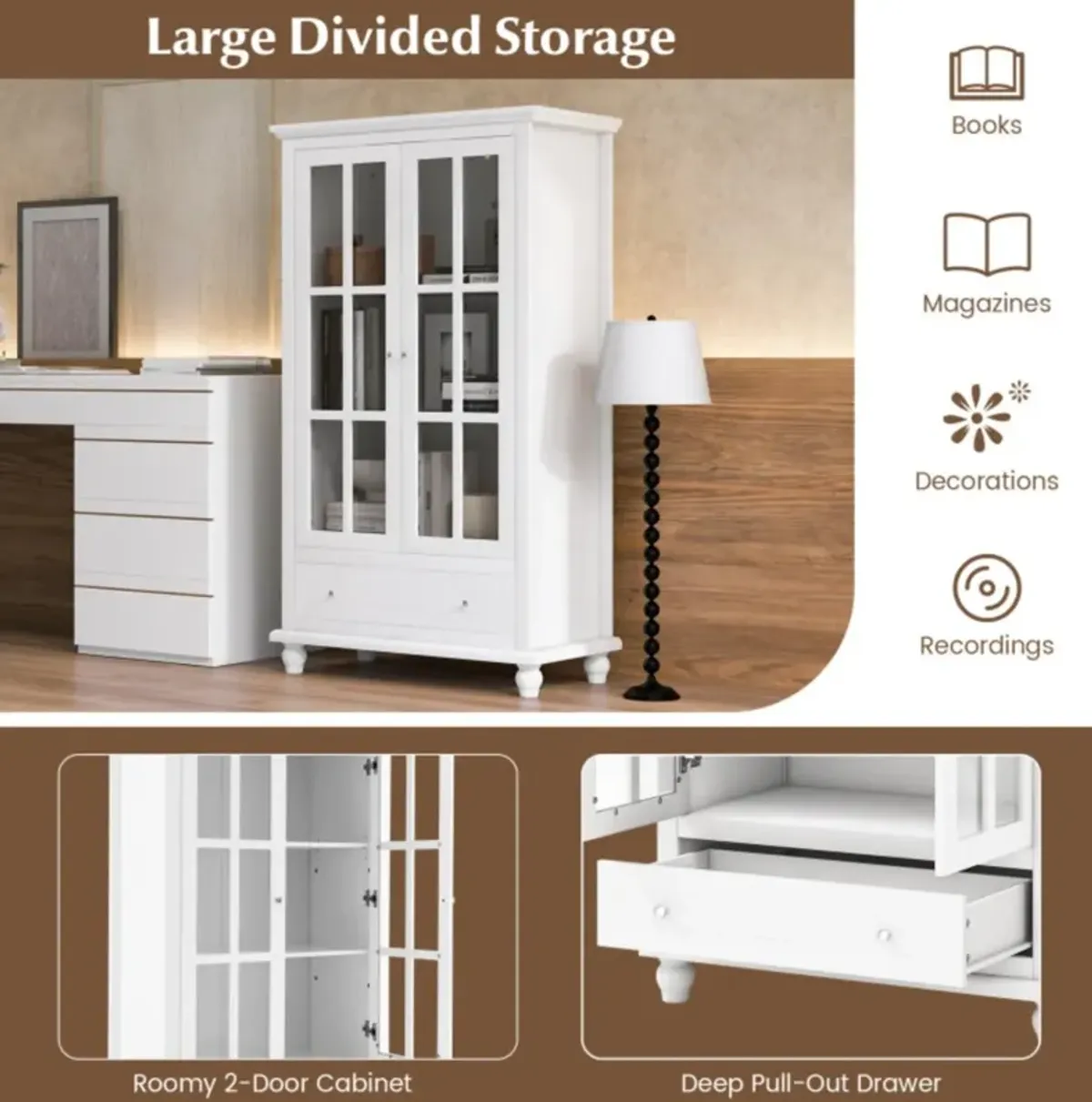 Hivvago 55 Inch Bookcase Cabinet with Tempered Glass Doors