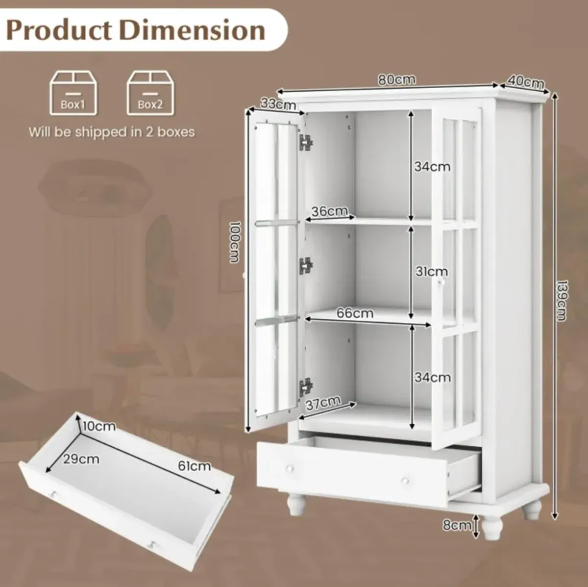 Hivvago 55 Inch Bookcase Cabinet with Tempered Glass Doors