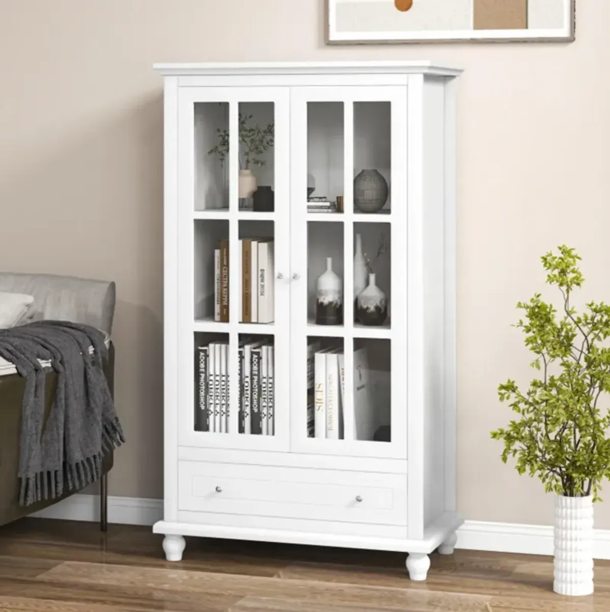 Hivvago 55 Inch Bookcase Cabinet with Tempered Glass Doors