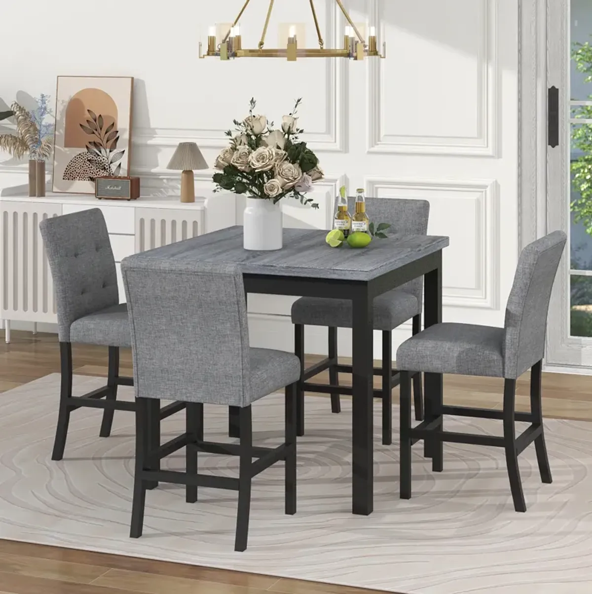 5-Piece Counter Height Dining Set Wood Square Dining Room Table And Chairs Stools with Footrest