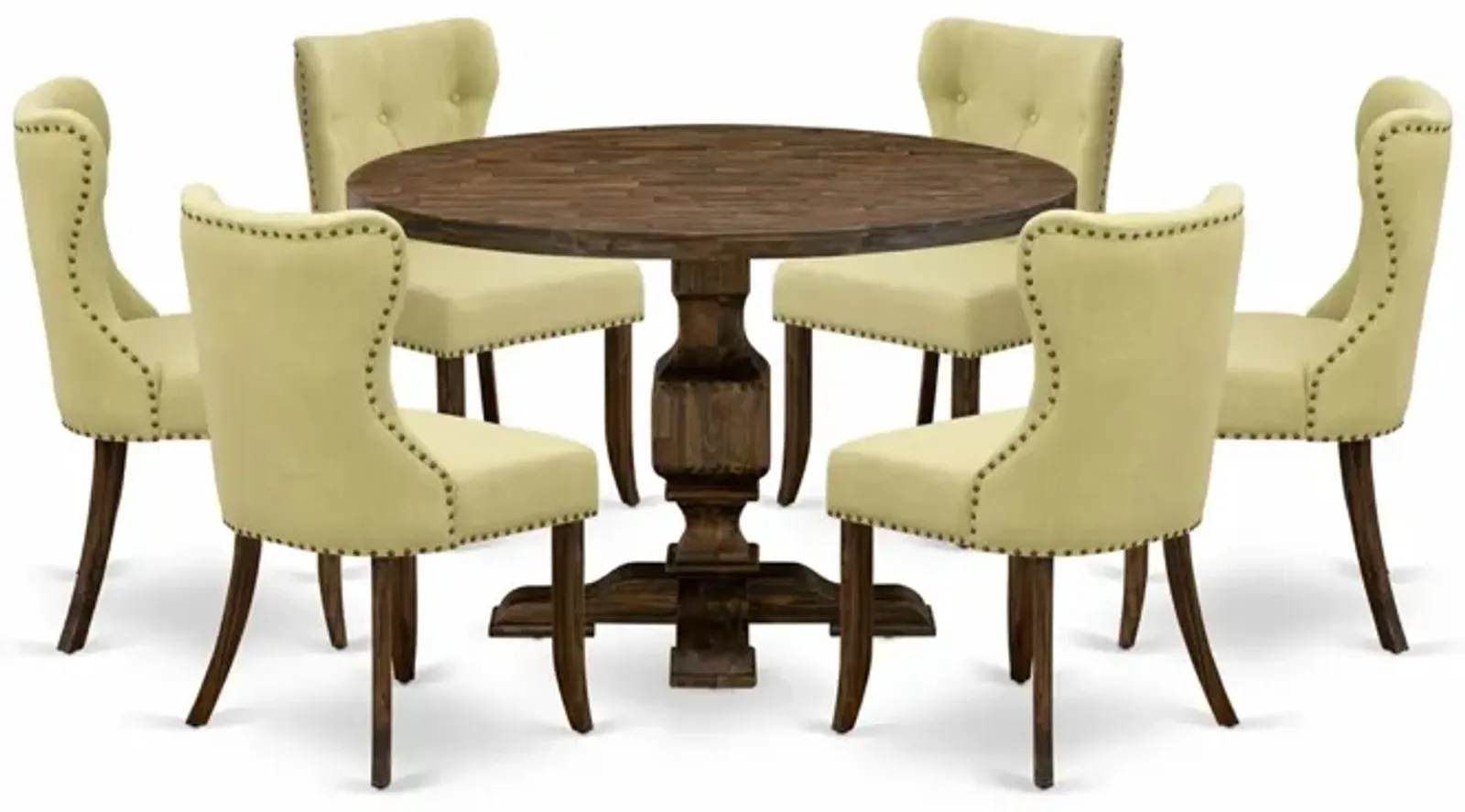 East West Furniture I3SI7-737 7Pc Dining Room Set - Round Table and 6 Parson Chairs - Distressed Jacobean Color