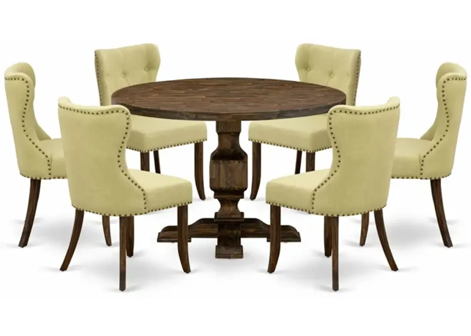 East West Furniture I3SI7-737 7Pc Dining Room Set - Round Table and 6 Parson Chairs - Distressed Jacobean Color