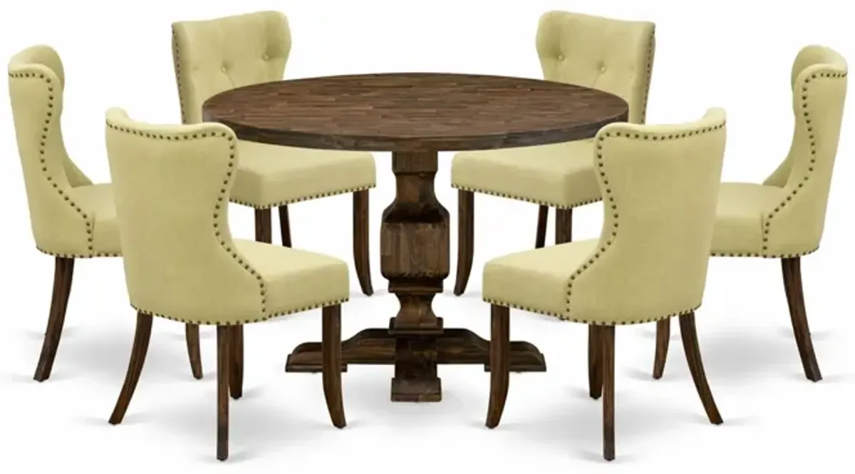 East West Furniture I3SI7-737 7Pc Dining Room Set - Round Table and 6 Parson Chairs - Distressed Jacobean Color