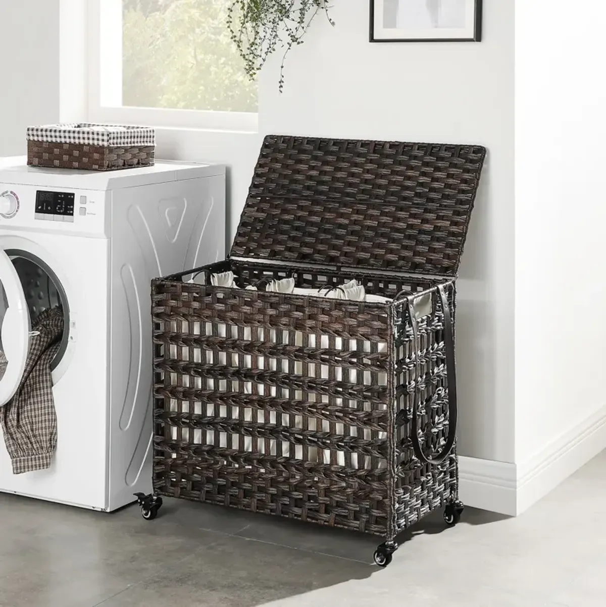 Handwoven Laundry Basket with 3 Removable Bags and Lid for Living Room or Bathroom