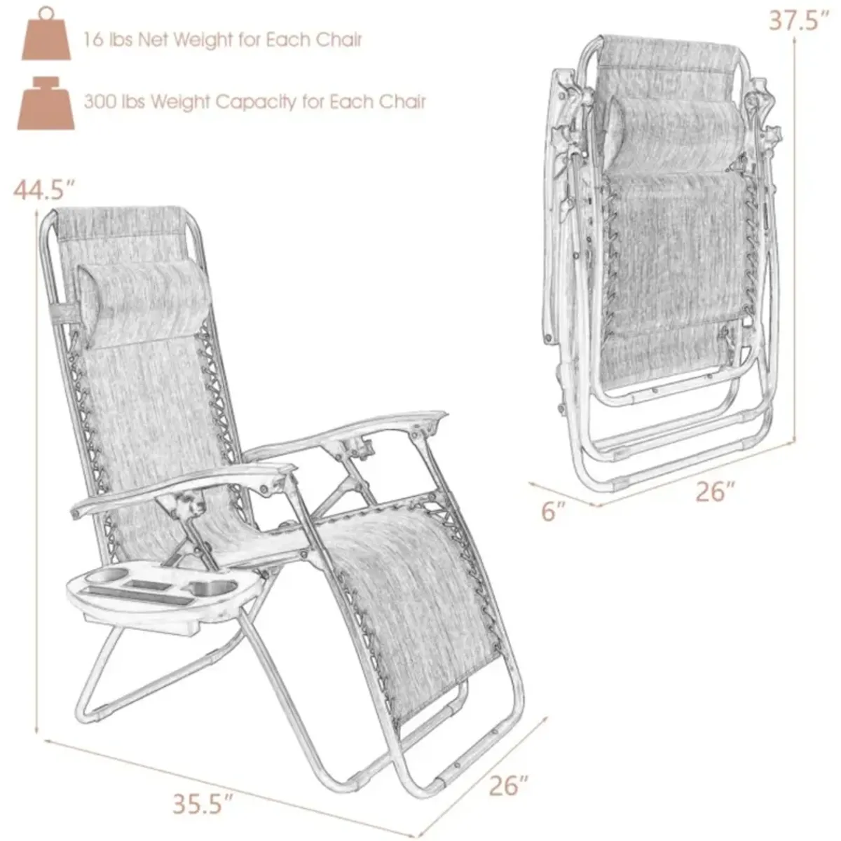 Hivvago 2 Pieces Folding Lounge Chair with Zero Gravity