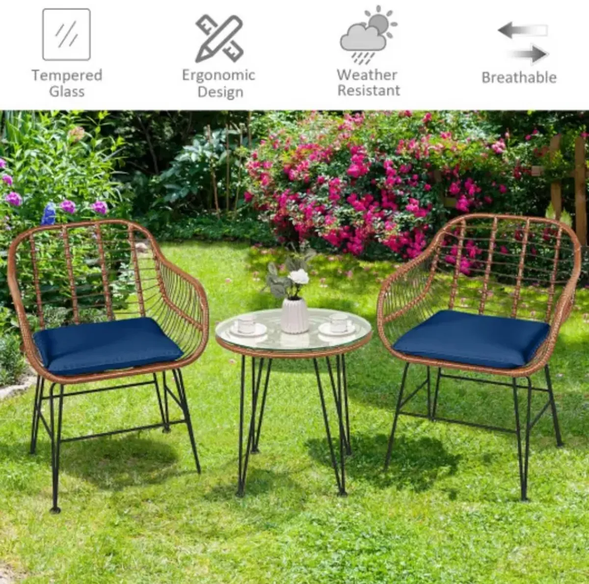 3 Pieces Patio Rattan Bistro Set with Cushion