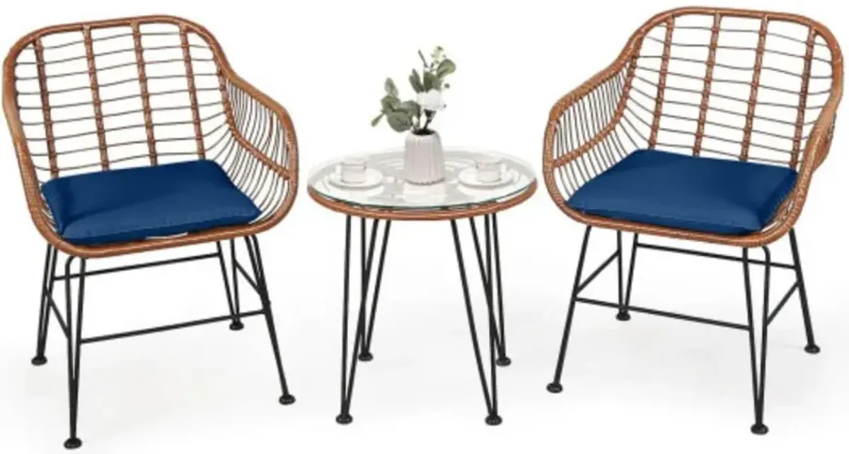 3 Pieces Patio Rattan Bistro Set with Cushion