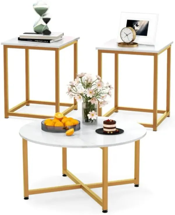 Hivvago 3-Piece Coffee Table Set Round Coffee Table and 2PCS Square End Tables