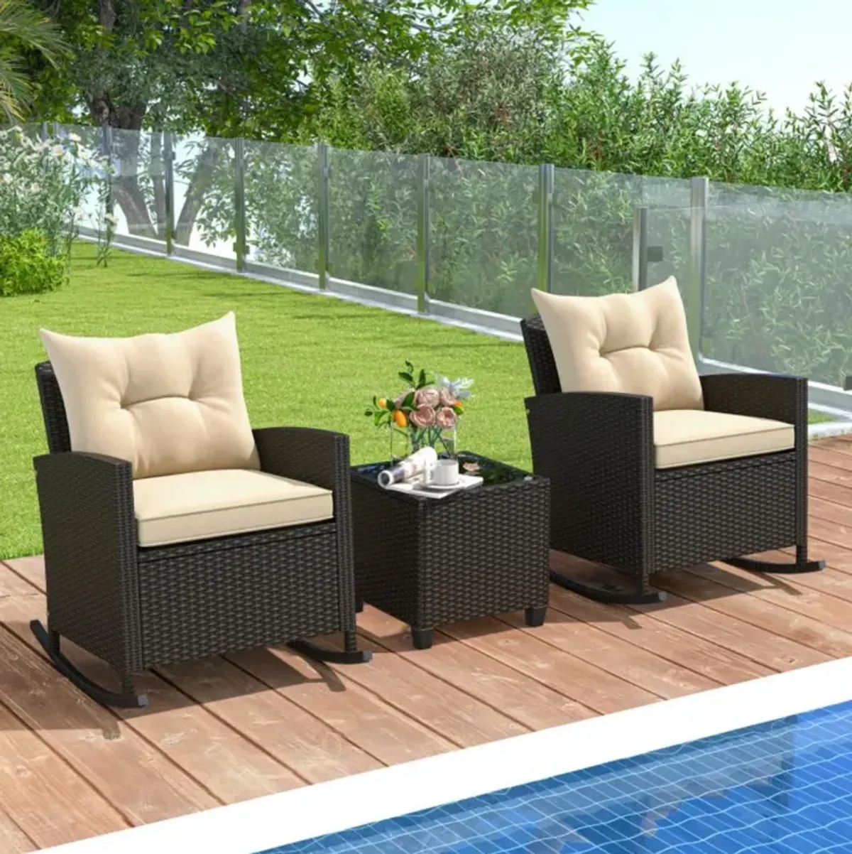 Hivvago Patio Rattan Roker Chairs with Tempered Glass Table and Soft Cushions for Backyard, Poolside Porch