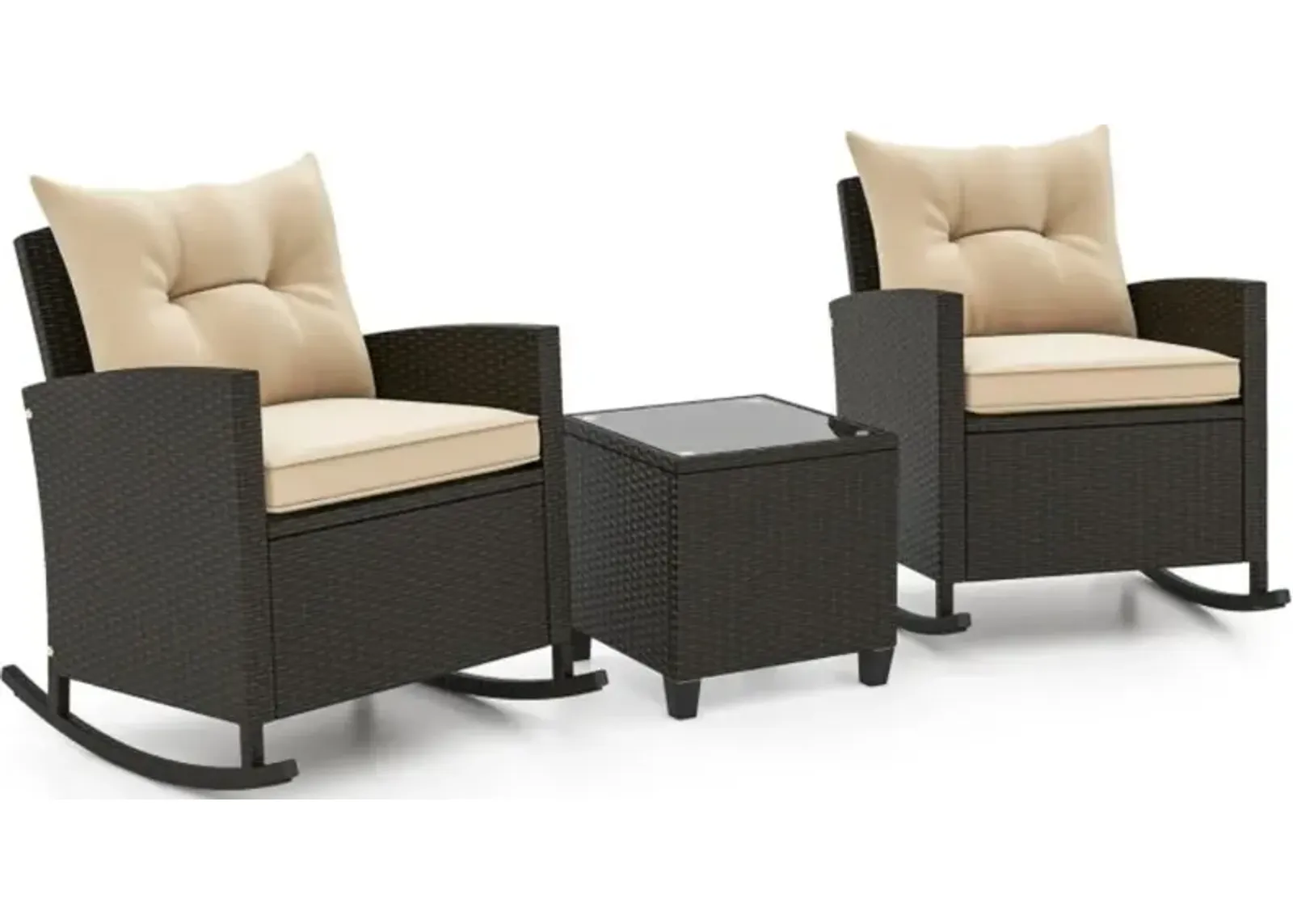 Hivvago Patio Rattan Roker Chairs with Tempered Glass Table and Soft Cushions for Backyard, Poolside Porch