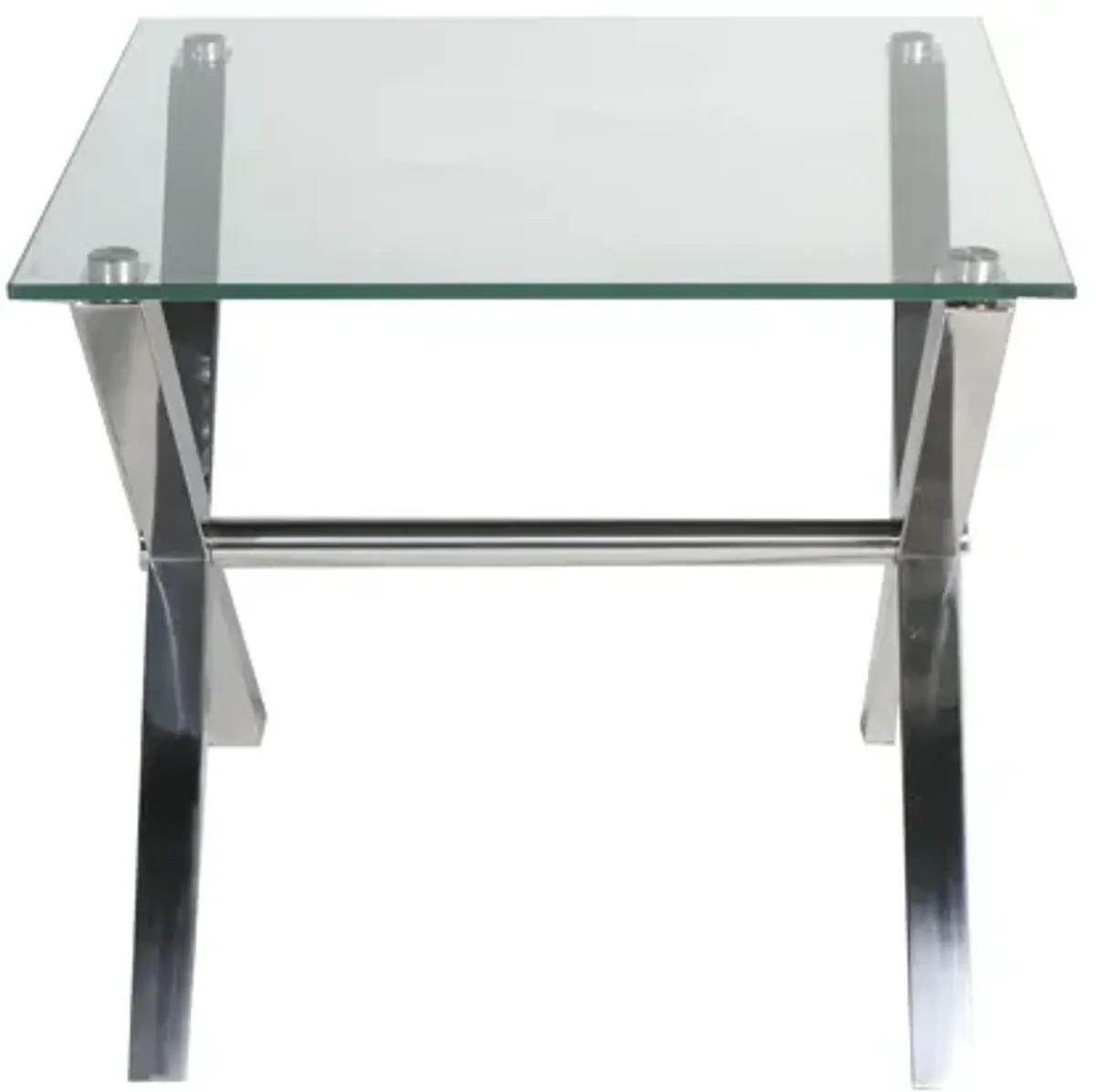 Tia 24 Inch Side End Table, Square Tempered Glass Top, X Shape Steel Legs  - Benzara