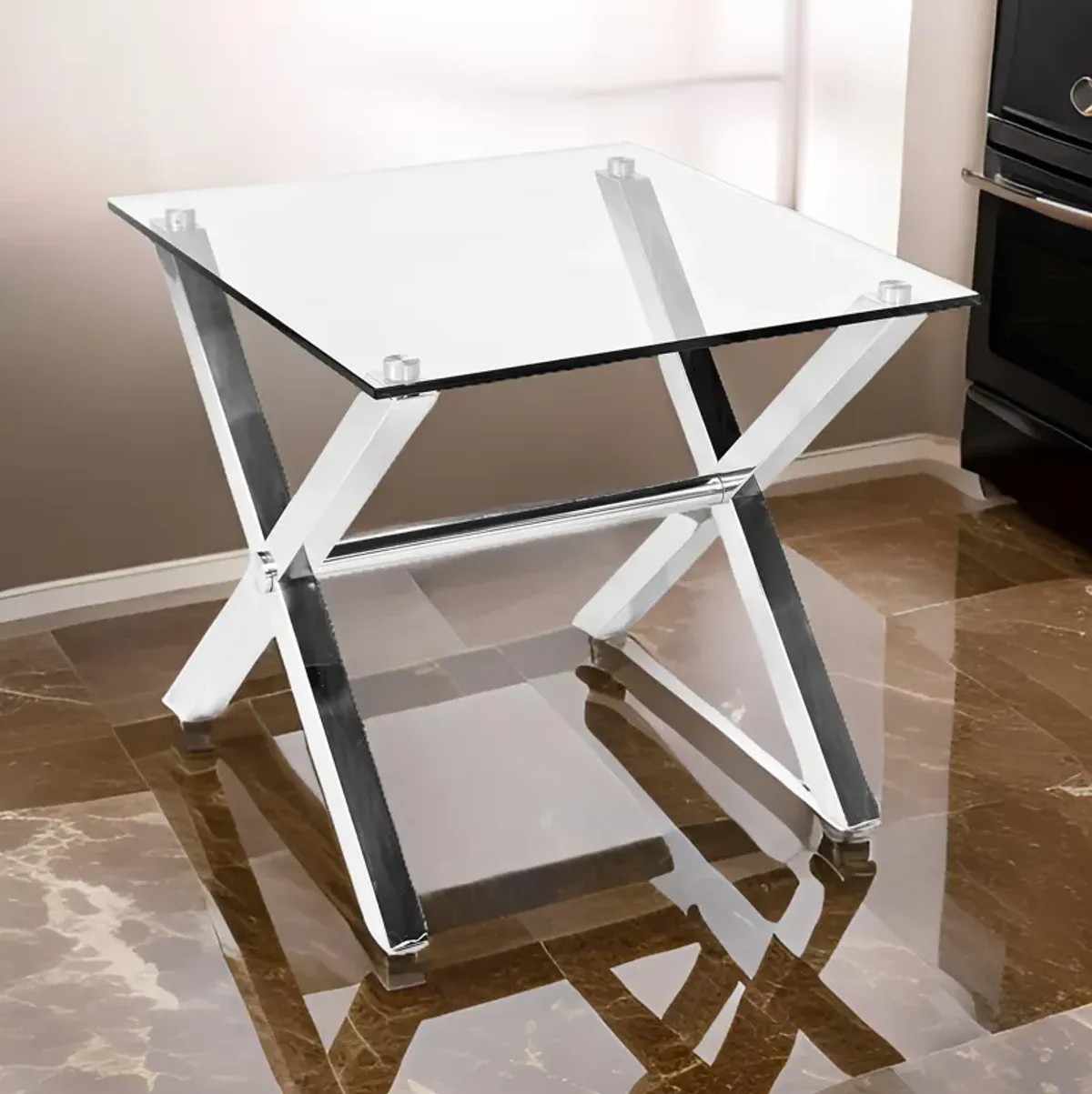 Tia 24 Inch Side End Table, Square Tempered Glass Top, X Shape Steel Legs  - Benzara